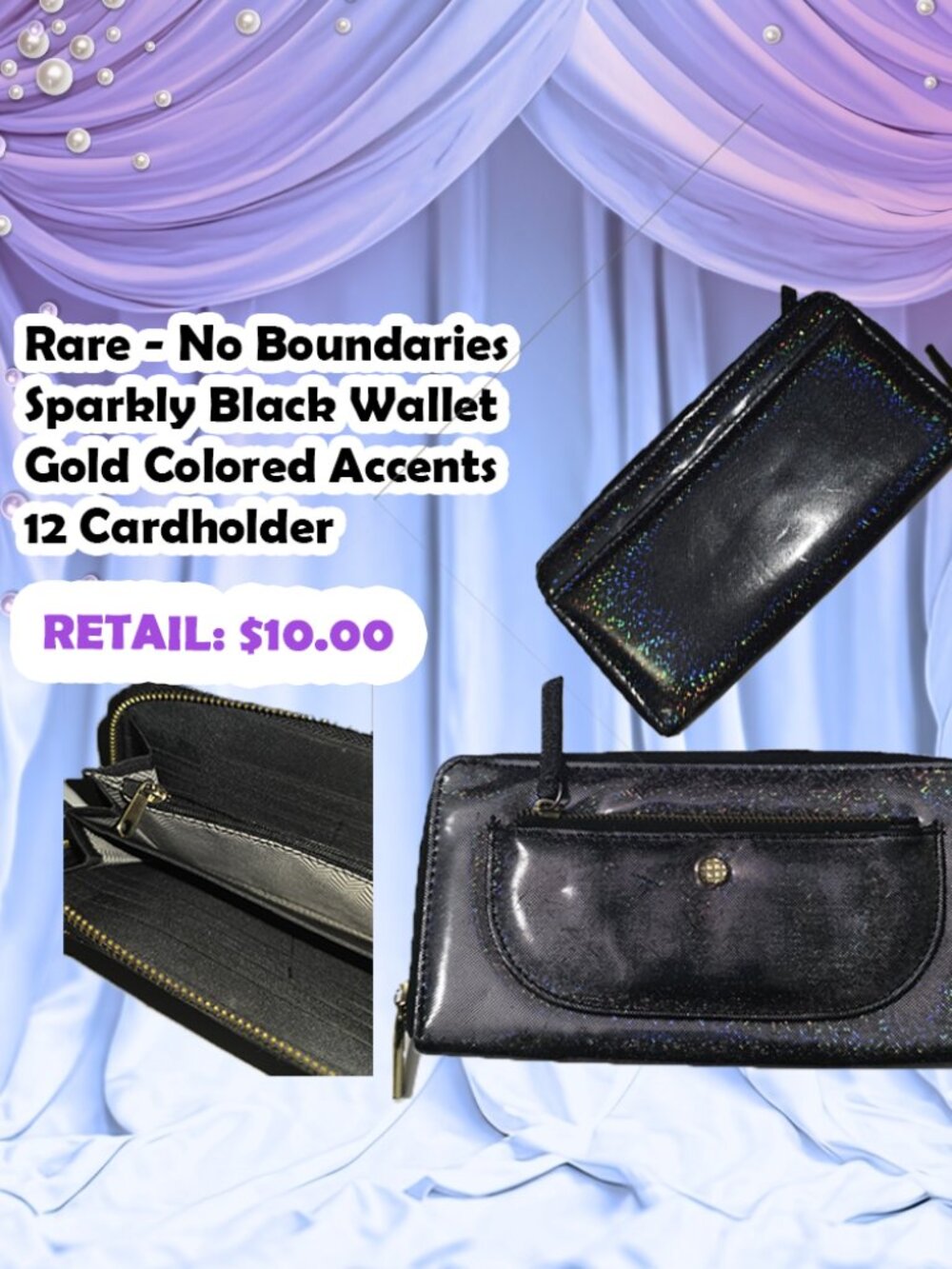 Rare No Boundaries Sparkly holographic Black Wallet With Gold Colored Accents